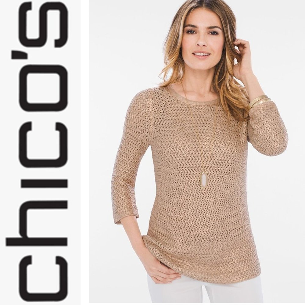 NEW CHICO'S PULLOVER METALLIC GOLD VACATION SWEATER